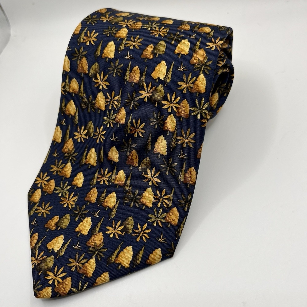 Salvatore Ferragamo Navy Blue Brown Tree Fall Foilage 100% Silk Tie